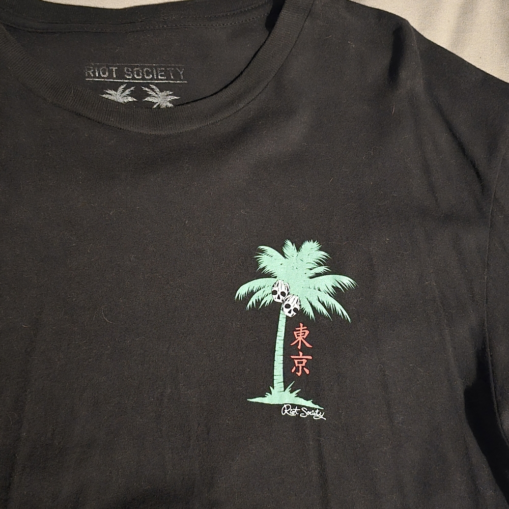 Riot Society Black Tee with Green Palm and Red Accents